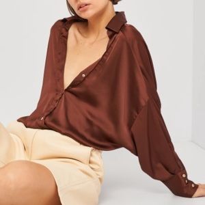 Zara brown satin button down blouse size S